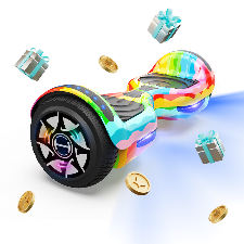 Colorful promo render showcasing a rainbow-patterned iHoverboard H1 self-balancing hoverboard floating alongside wrapped presents and gold coins against a checkered background. Highlighted by vibrant multi-color deck graphics, glowing LED wheel rims, bright front headlights, and non-slip rubber footpads, this eye-catching hoverboard provides fun, stable, and safe riding for kids and beginners.