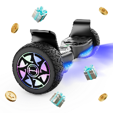 Festive graphic illustration showing a black iHoverboard H8 self-balancing hoverboard surrounded by floating gift boxes and gold coins against a checkered background. Built for fun and stability, this off-road hoverboard features wide treaded all-terrain tires, colorful LED wheel rim lights, under-deck illumination, and dual footpads for effortless balance and smooth riding.