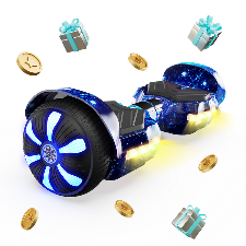 Dynamic promotional graphic featuring a starry galaxy-print iHoverboard H2 self-balancing hoverboard suspended amidst gift boxes and floating gold coins against a checkered backdrop. Featuring illuminated blue LED wheel hubs, bright forward headlights, and textured foot grips, this stylish hoverboard delivers an exciting and smooth ride for riders of all skill levels.