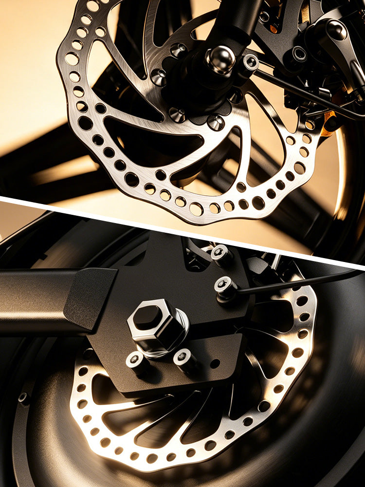 A split-screen close-up highlights the iScooter EB1S dual disc braking system, showcasing the front and rear brake assemblies with large brake rotors and durable calipers. Engineered for responsive stopping power and enhanced control, the dual-brake setup helps the iScooter EB1S deliver safer, more confident braking performance during daily commutes and urban rides.
