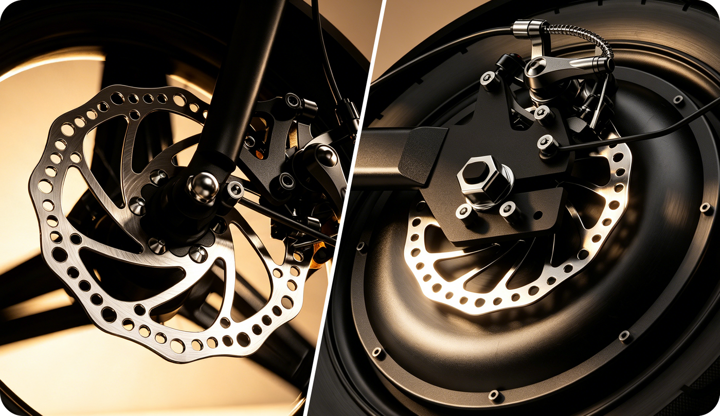 A split-screen close-up highlights the iScooter EB1S dual disc braking system, showcasing the front and rear brake assemblies with large brake rotors and durable calipers. Engineered for responsive stopping power and enhanced control, the dual-brake setup helps the iScooter EB1S deliver safer, more confident braking performance during daily commutes and urban rides.
