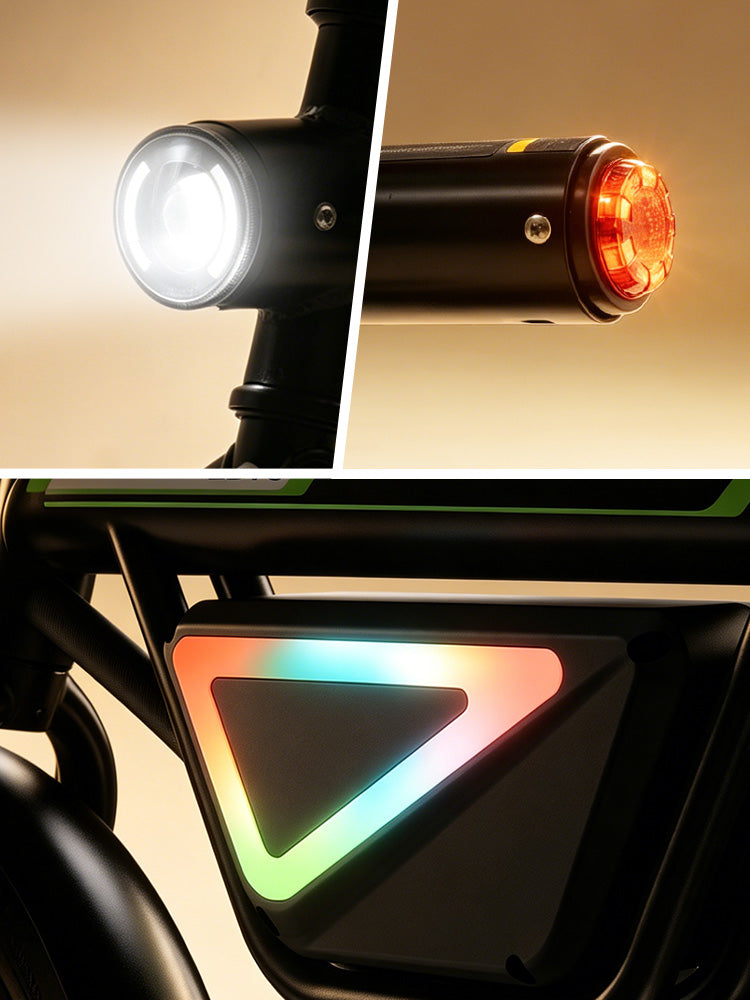 A feature collage highlights the iScooter EB1S lighting system, including a bright LED headlight, integrated rear taillight, and illuminated side panel accent. These lighting elements improve visibility in low-light conditions while enhancing the bike's modern appearance, helping the iScooter EB1S deliver a safer and more confident riding experience.

