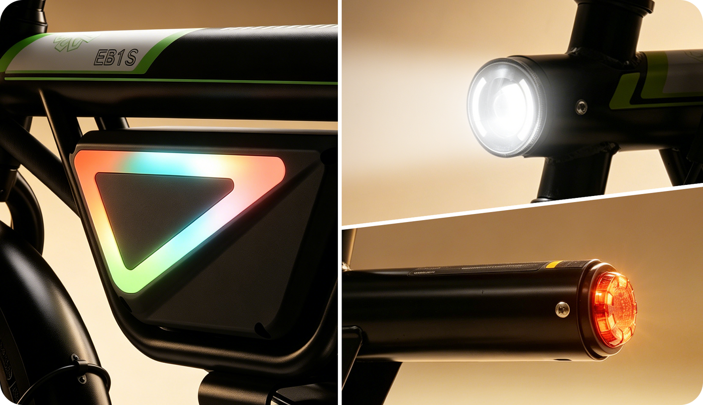 A feature collage highlights the iScooter EB1S lighting system, including a bright LED headlight, integrated rear taillight, and illuminated side panel accent. These lighting elements improve visibility in low-light conditions while enhancing the bike's modern appearance, helping the iScooter EB1S deliver a safer and more confident riding experience.
