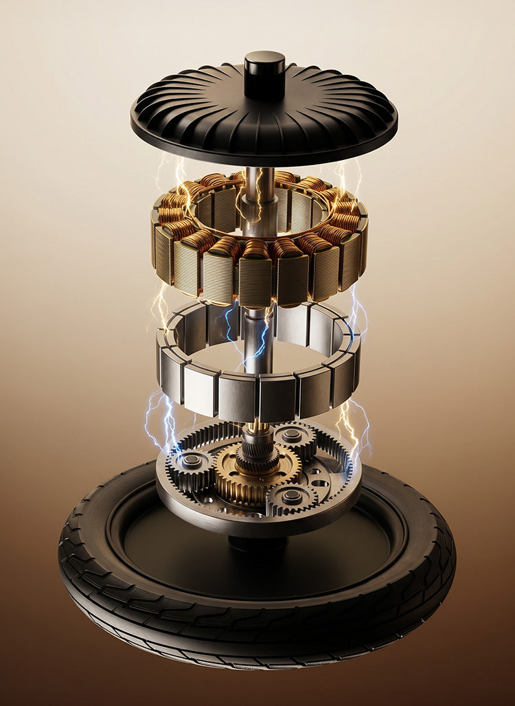 An exploded view illustration showcases the internal components of an electric hub motor, including the tire, gears, magnets, copper windings, and motor housing. The detailed breakdown highlights how the system converts electrical energy into power, emphasizing efficient performance, smooth acceleration, and reliable operation for everyday riding.
