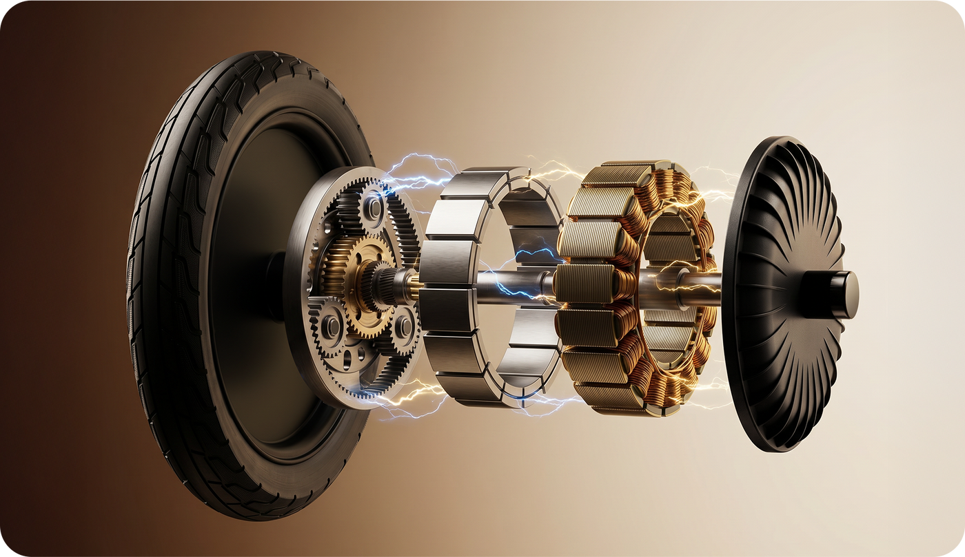 An exploded view illustration showcases the internal components of an electric hub motor, including the tire, gears, magnets, copper windings, and motor housing. The detailed breakdown highlights how the system converts electrical energy into power, emphasizing efficient performance, smooth acceleration, and reliable operation for everyday riding.
