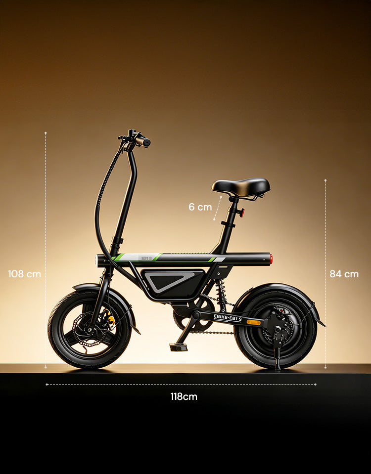 A side-profile view of the iScooter EB1S electric bike displays its overall dimensions, including a length of 118 cm, handlebar height of 108 cm, seat adjustment range of 6 cm, and seat height of 84 cm. The image highlights the compact design and adjustable seating, making the iScooter EB1S comfortable for everyday commuting while remaining easy to store and transport.

