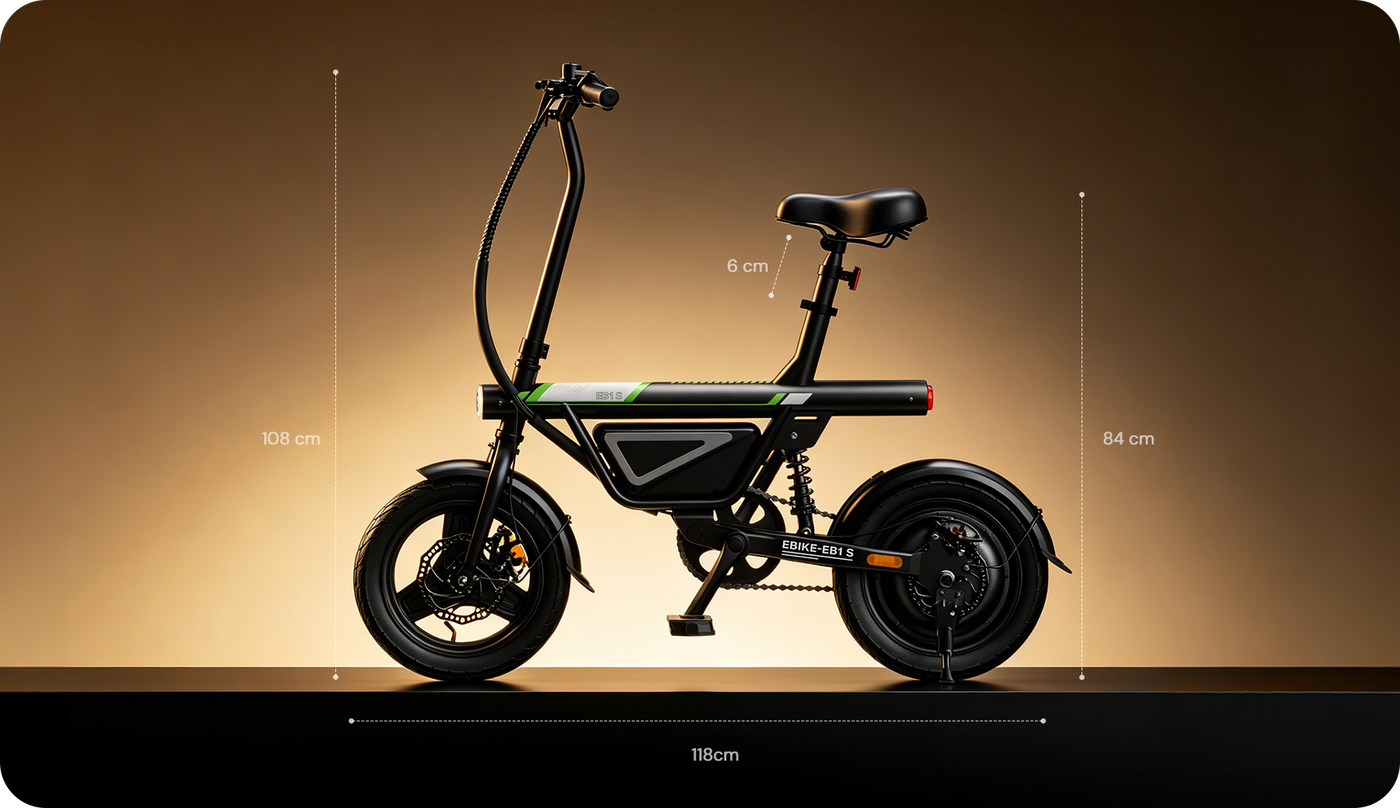 A side-profile view of the iScooter EB1S electric bike displays its overall dimensions, including a length of 118 cm, handlebar height of 108 cm, seat adjustment range of 6 cm, and seat height of 84 cm. The image highlights the compact design and adjustable seating, making the iScooter EB1S comfortable for everyday commuting while remaining easy to store and transport.
