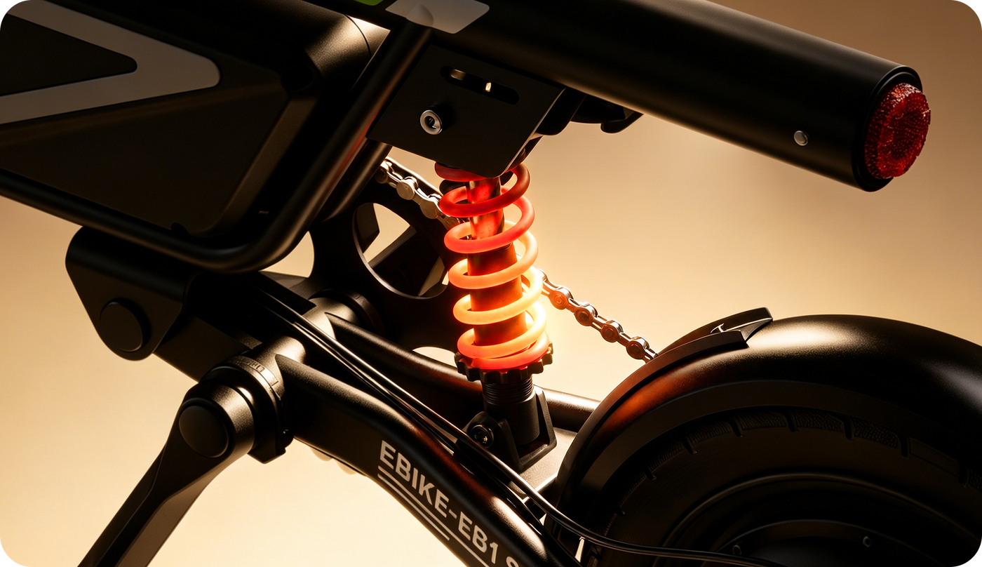 A close-up of the iScooter EB1S rear suspension system highlights the shock absorber positioned above the rear wheel and beneath the frame. Designed to absorb bumps and vibrations, the suspension enhances riding comfort and stability, allowing the iScooter EB1S to deliver a smoother and more controlled experience on city streets and uneven roads.
