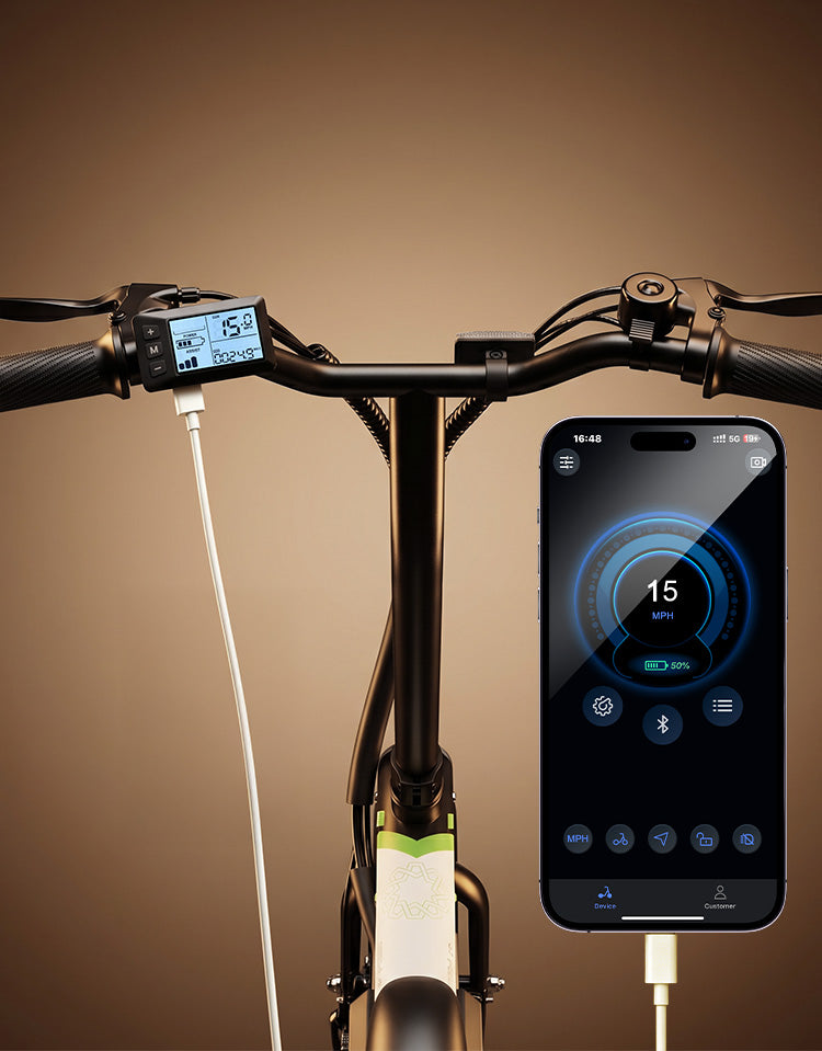 A rider's-eye view of the iScooter EB1S handlebar highlights the integrated LCD display, ergonomic grips, brake levers, and built-in bell, alongside smartphone connectivity and USB charging functionality. The intuitive control layout allows riders to monitor speed and settings while keeping devices powered, making the iScooter EB1S a practical choice for everyday commuting and urban travel.
