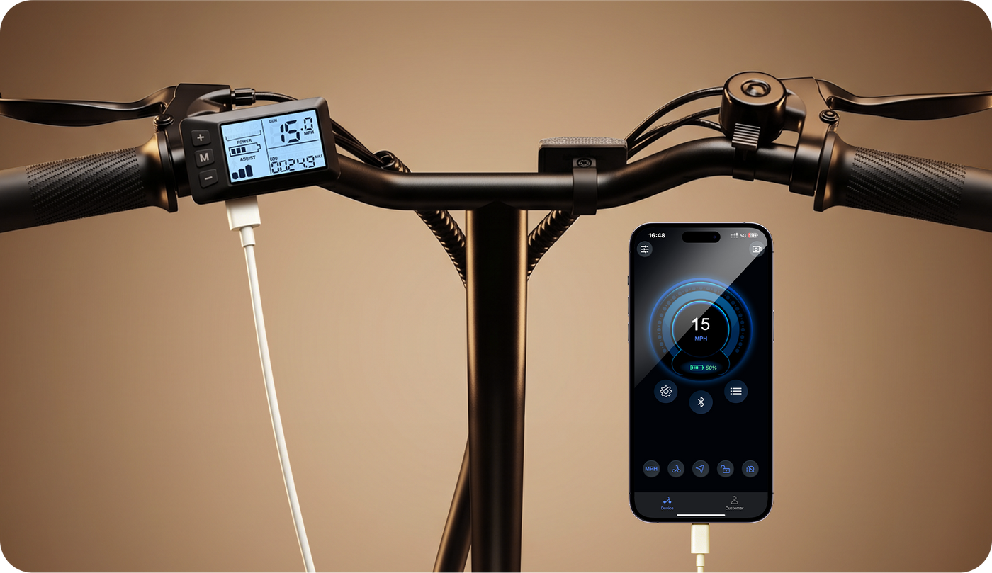 A rider's-eye view of the iScooter EB1S handlebar highlights the integrated LCD display, ergonomic grips, brake levers, and built-in bell, alongside smartphone connectivity and USB charging functionality. The intuitive control layout allows riders to monitor speed and settings while keeping devices powered, making the iScooter EB1S a practical choice for everyday commuting and urban travel.
