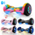 Five iHoverboard hoverboards in rainbow geometric, pink star‑lit, black multicolor, pink camouflage, and galaxy designs, each with LED wheels and footpads, paired with Bluetooth symbol and musical notes highlighting built‑in speakers, emphasizing vibrant style, entertainment, and connectivity across H1/H2 models.