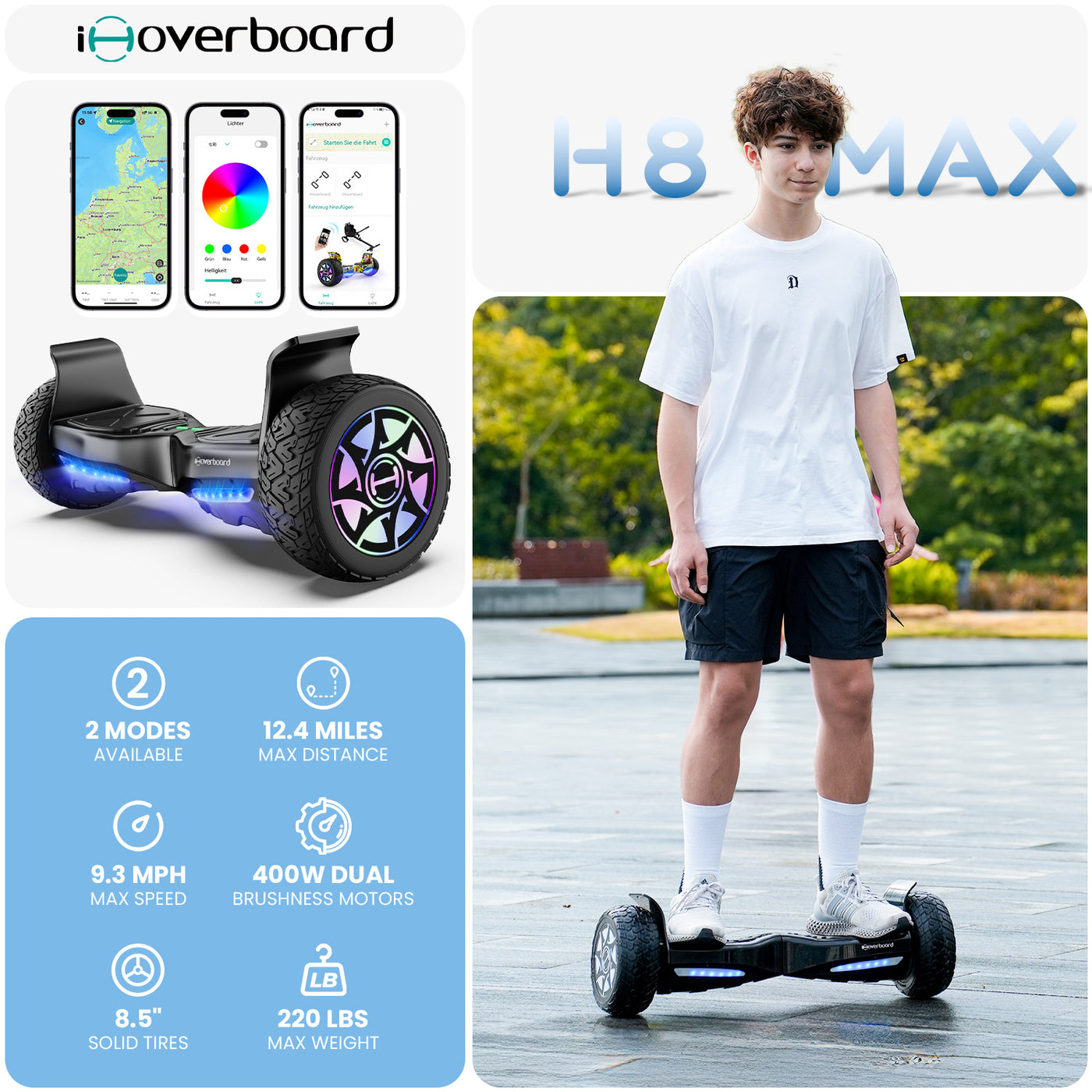8.5" H8MAX Off Road Hoverboard with Bluetooth Music and LED Lights - Self Balancing System