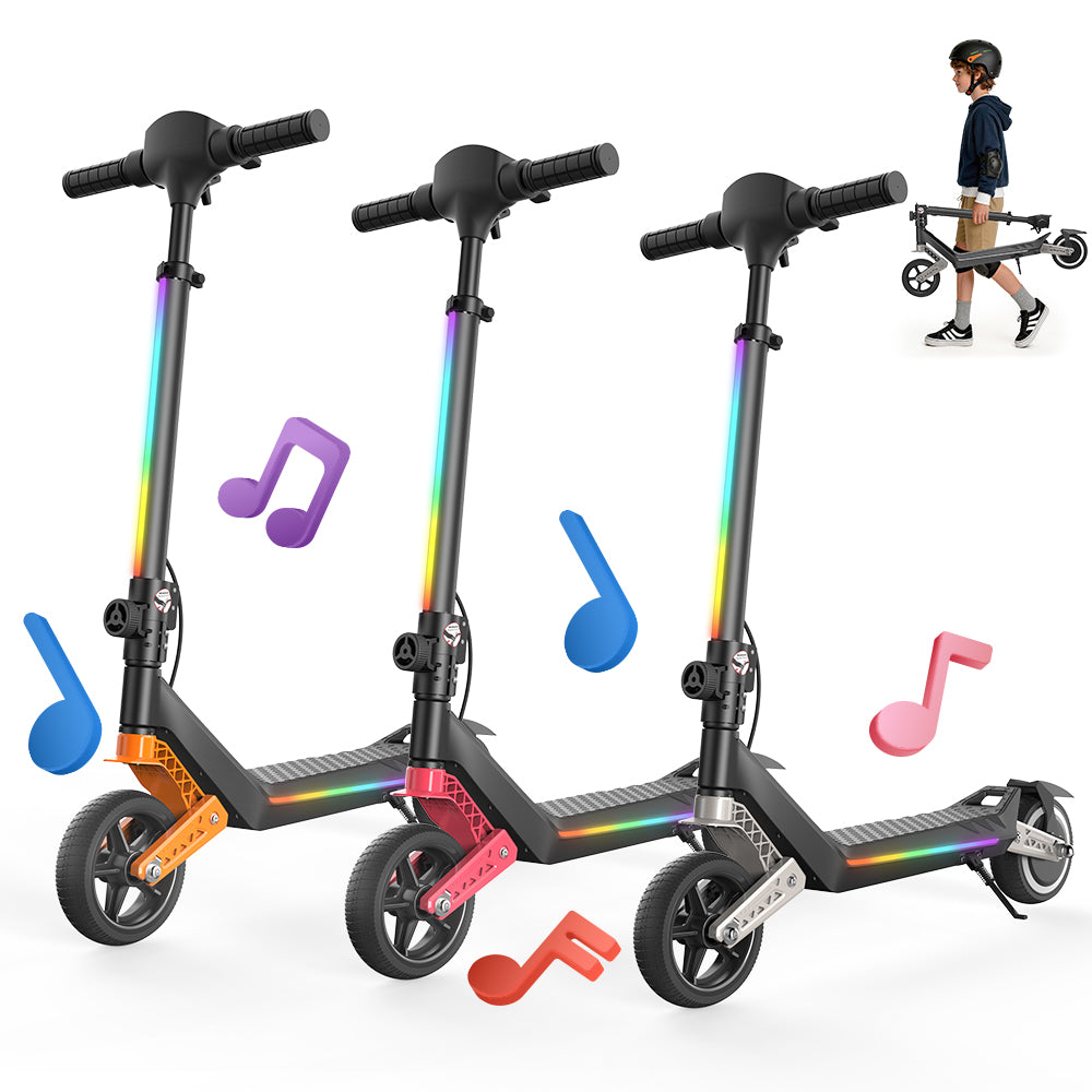 Three K6 scooters displayed with illuminated stems and colorful accents in orange, pink, and silver. Musical note icons float around them, suggesting built‑in audio features. A smaller inset shows a rider carrying the folded scooter, highlighting its vibrant design, music integration, and portable foldability.