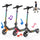Three K6 scooters displayed with illuminated stems and colorful accents in orange, pink, and silver. Musical note icons float around them, suggesting built‑in audio features. A smaller inset shows a rider carrying the folded scooter, highlighting its vibrant design, music integration, and portable foldability.
