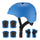 Blue helmet with black straps and a set of blue knee and elbow pads on a white background