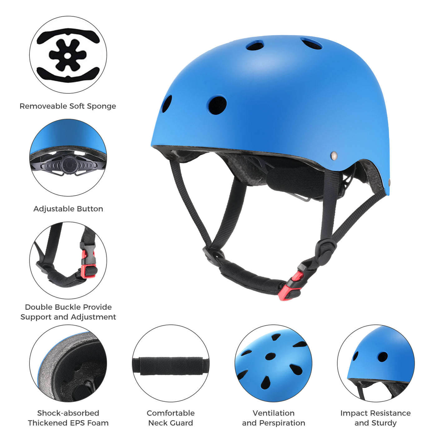 Blue helmet with features highlighted on a white background