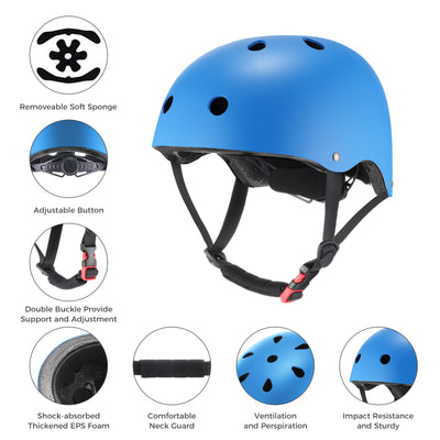 Blue helmet with features highlighted on a white background