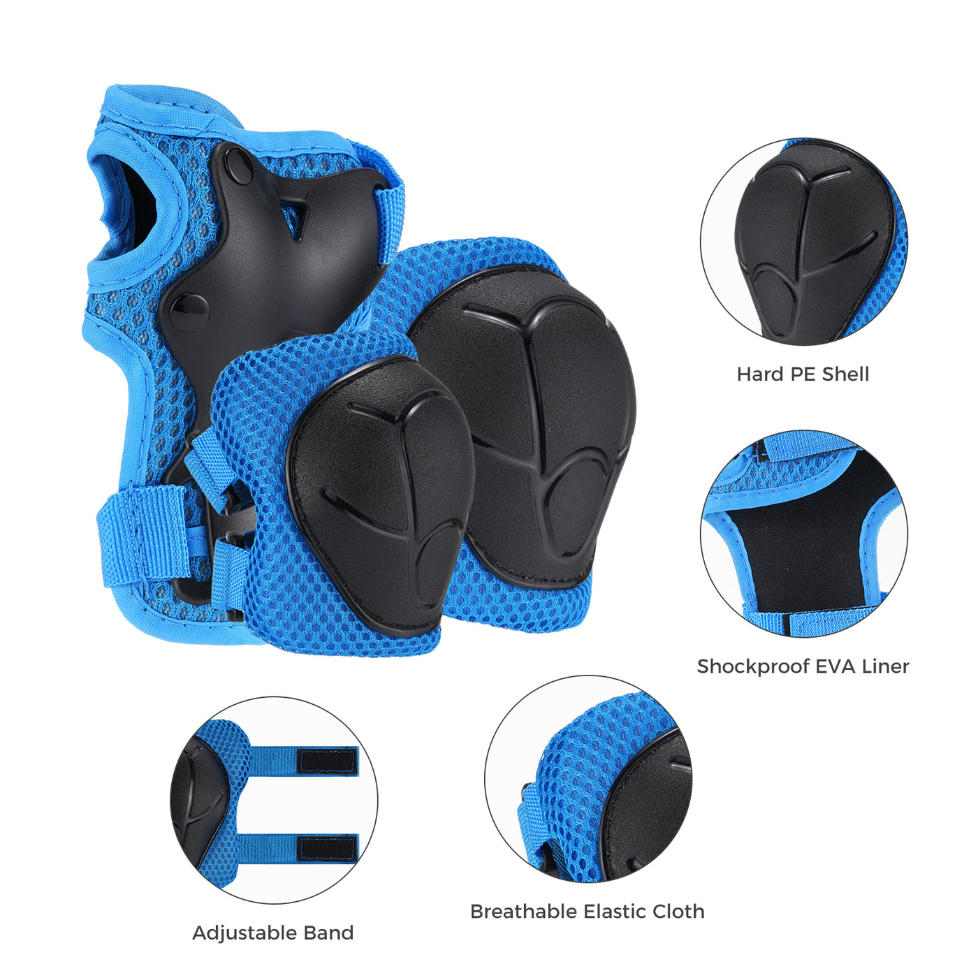 Blue protective gear set with black padding, featuring details on hard PE shell, shockproof EVA liner, adjustable band, and breathable elastic cloth.