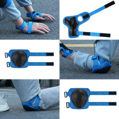 Blue protective gear set including wrist, elbow, and knee pads on a person outdoors.