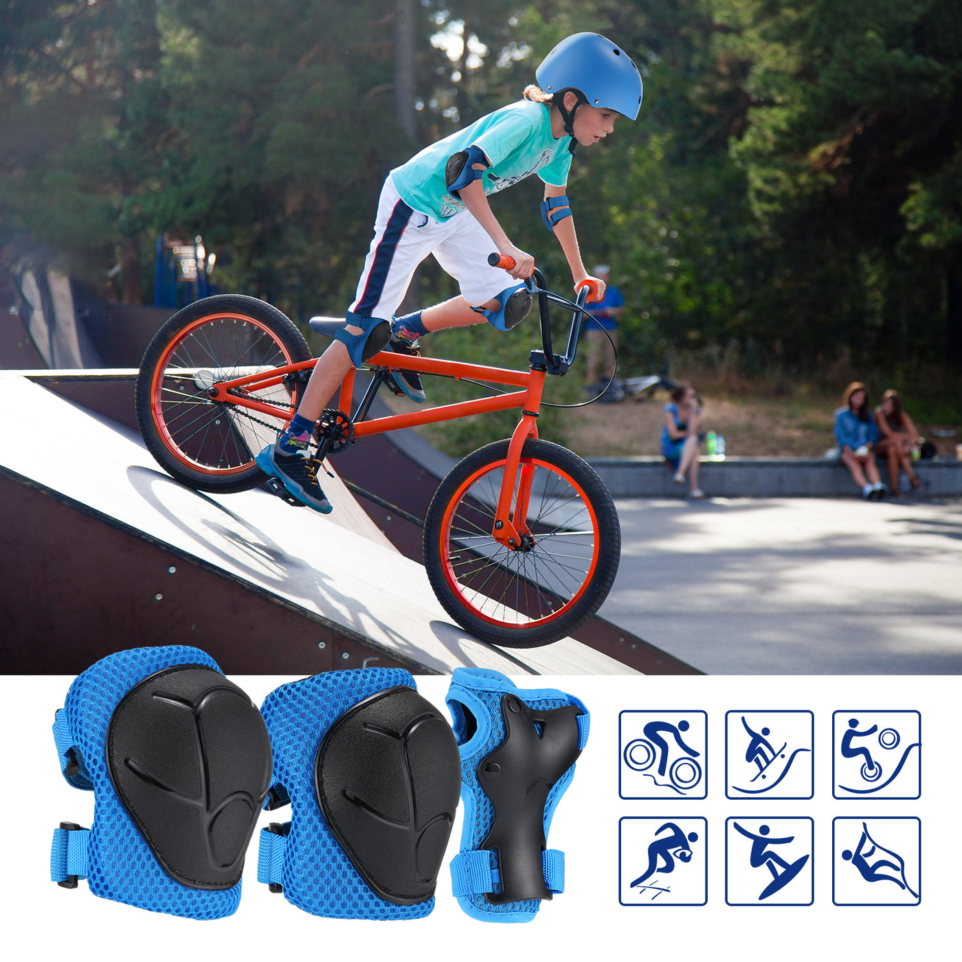 Child riding a BMX bike with safety gear and protective pads displayed below.