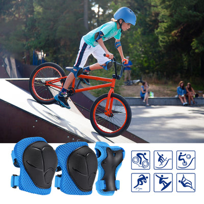 Child riding a BMX bike with safety gear and protective pads displayed below.