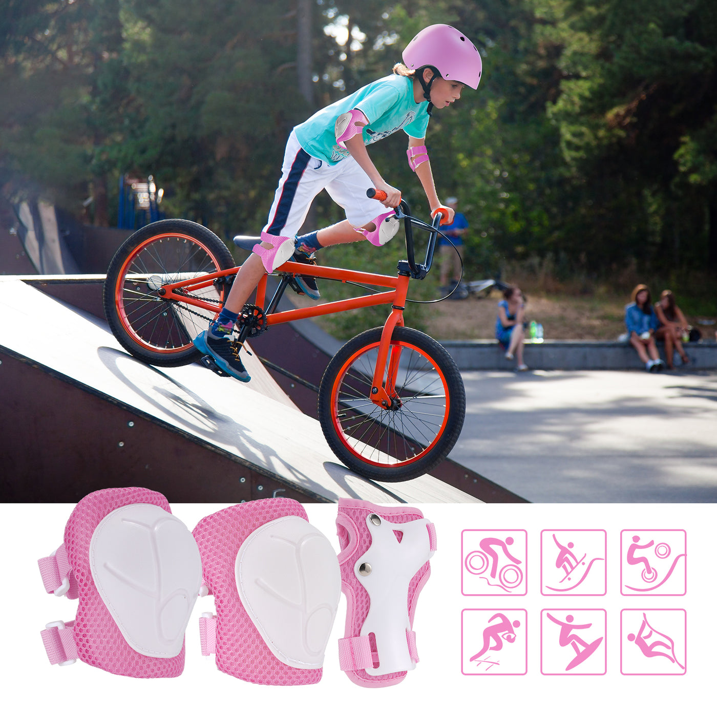 Child on a bicycle with safety gear and protective pads displayed below.