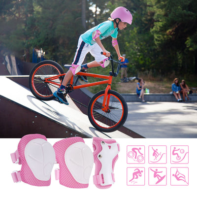Child on a bicycle with safety gear and protective pads displayed below.