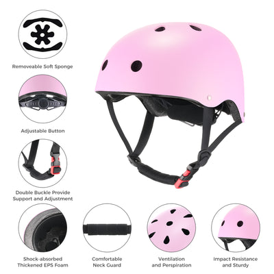 Pink helmet with features highlighted on a white background