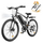 Sleek black electric mountain bike with white accents, thick off‑road tires, and a large battery mounted on the frame’s downtube, equipped with disc brakes, front suspension, and bright headlight, emphasizing power, durability, and night‑ride capability, with accessories like pump and fenders shown as part of a promotional package.