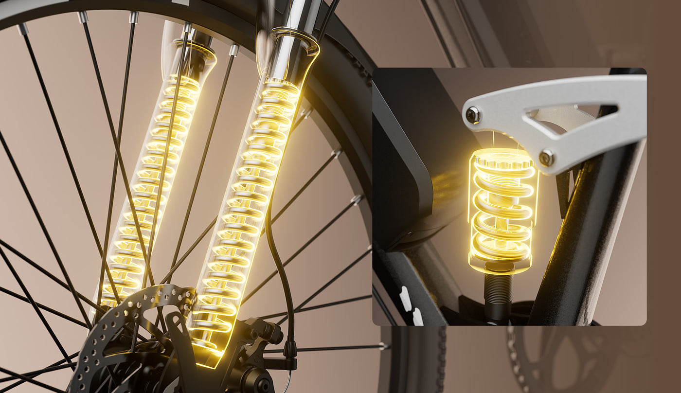 Close‑up of iHoverboard M50 suspension system featuring dual shock absorbers with bright coil springs on the front fork and rear frame. Engineered for comfort and control, the M50 suspension absorbs bumps, enhances stability, and delivers smooth handling across rugged terrain — making off‑road rides more enjoyable and less fatiguing.