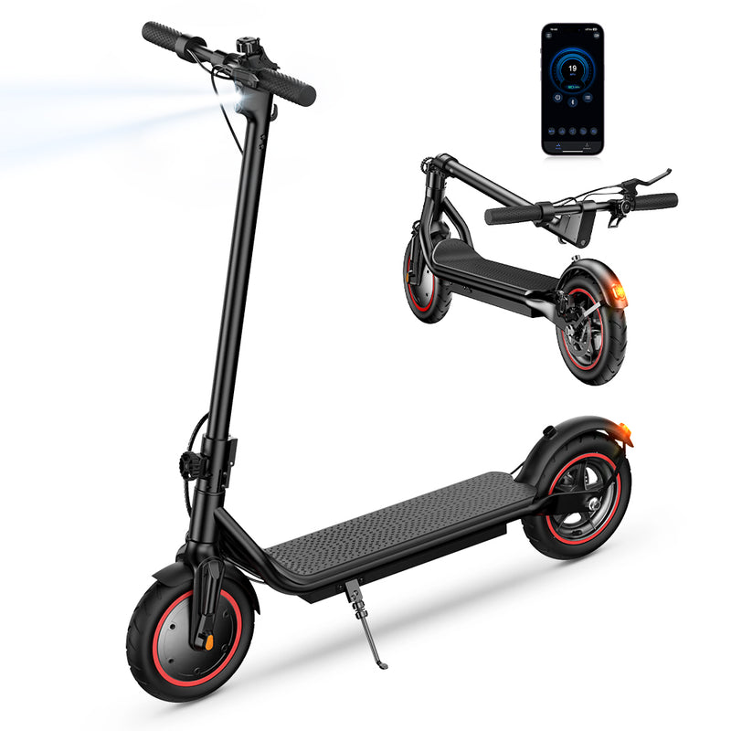 A sleek black iHoverboard W5 electric scooter displayed from the side profile in both fully upright and collapsed folding positions against a white backdrop, accompanied by a smartphone floating nearby that showcases its digital smart application dashboard.