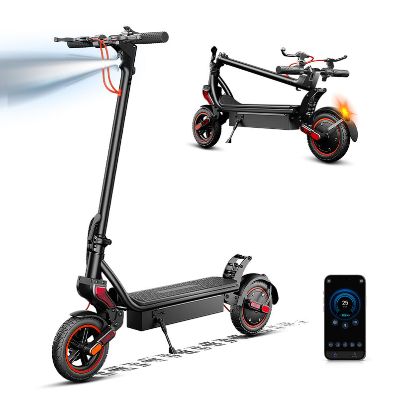 K6 scooter shown in folded and unfolded views, with a smartphone screen displaying the VoltixAPP interface — speed at 25 km/h, battery level, and control icons. Highlights the scooter’s smart connectivity, app integration, and real‑time ride monitoring.