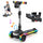 A sleek black iScooter B2 Pro kids electric scooter displaying multi-colored glowing wheels and an illuminated deck side. This dynamic ride features a handy cup holder, digital speedometer, and built-in music speakers for an entertaining journey. Rainbow handlebar grips add a splash of color to the sturdy three-wheel design. A young boy is shown actively scooting in the background, demonstrating the fun and stability of the device.