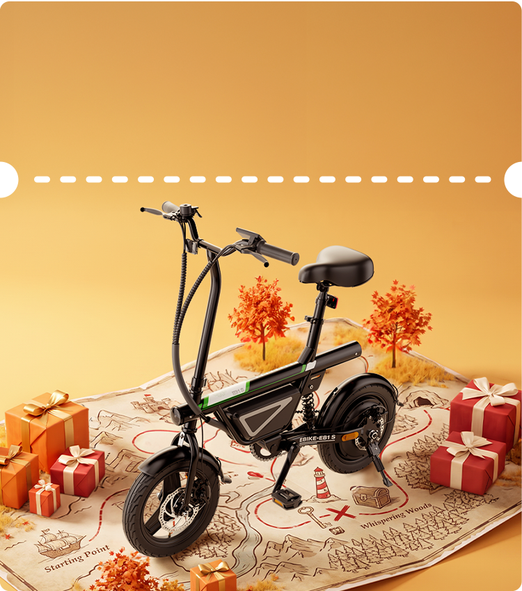 Studio product shot of a black iScooter EB1S compact folding electric bike displayed over an illustrated map with festive red gift boxes. Engineered for easy commuting and storage, this versatile e-bike features a padded adjustable seat, sturdy rear shock absorption, disc brakes, and an ultra-compact frame designed for convenient urban transport and effortless travel storage.