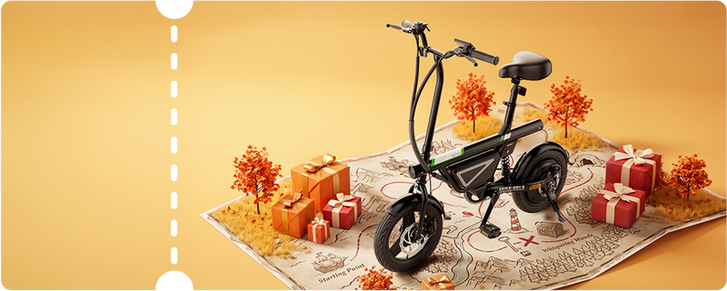 An angled promotional view of a black iScooter EB1S folding electric bike set atop a map floor decorated with autumn trees and present boxes. Built with an ergonomic padded saddle, dual disc braking system, rear suspension absorber, and a streamlined foldable frame, this commuter e-bike offers exceptional portability and comfort for everyday urban travel.