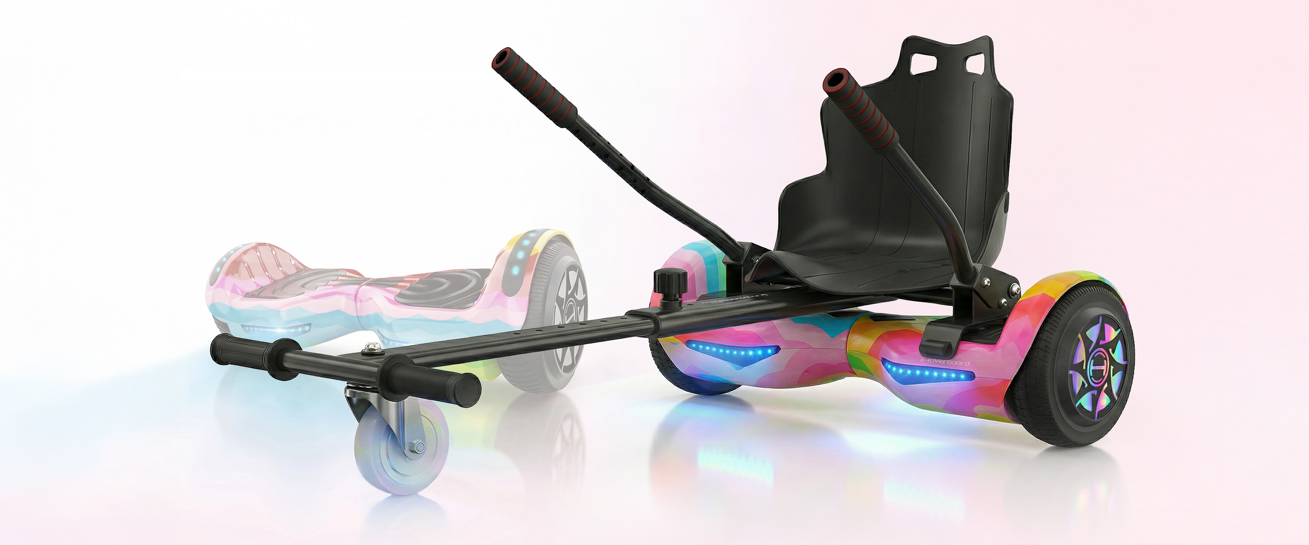 The iHoverboard H1 with rear rack combines its signature colorful LED hoverboard design with added utility and convenience. The rack mounted above the rear section provides extra carrying capacity for bags or small items, while the hoverboard’s multicolor wheel hub lighting, stable dimensions, and go‑kart compatibility keep the ride fun and versatile. Altogether, this version highlights the H1’s blend of style, practicality, and adaptability for everyday use.