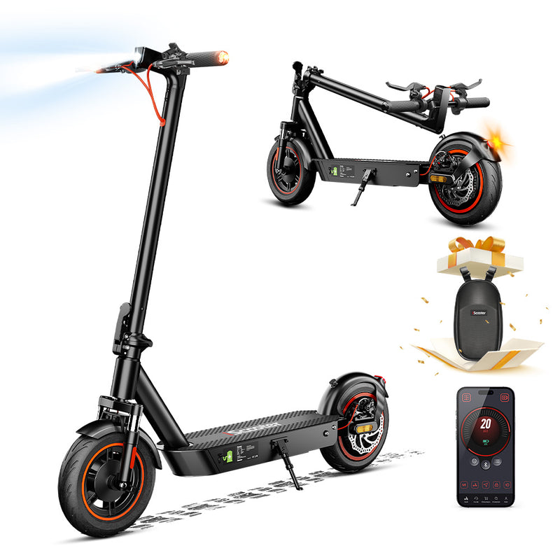iScooter I10 Plus electric scooter in sleek black with orange accents, shown upright and folded for portability, featuring digital display, dual disc brakes, sturdy frame, and Bluetooth app interface for smart control, emphasizing modern design, safety, and commuter convenience.
