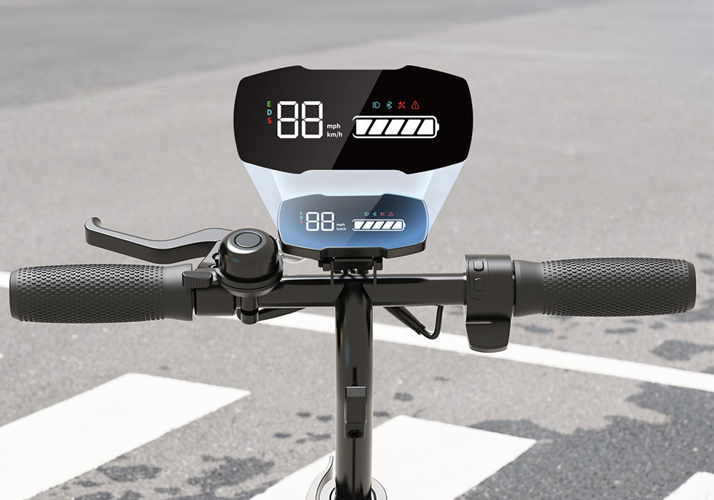 Clear cockpit view of the iScooter iK5 electric scooter handlebars featuring a digital LED display screen indicating speedometer readings, battery level gauge, speed modes, and headlight status, alongside comfortable rubber hand grips, hand brake lever, and safety bell.