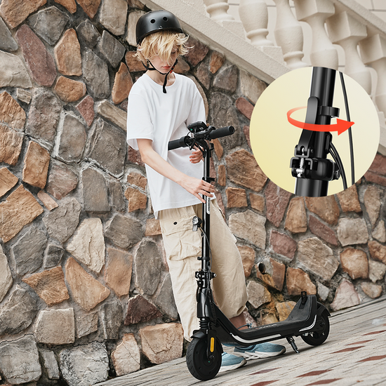 Demonstrating the rapid folding process, a young rider secures the stem collar safety lock on the black iScooter iK5 electric scooter, showcasing its durable hinge design, sturdy frame, wide standing deck, and convenient portable setup for quick storage and effortless transport.