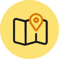 Yellow circular navigation icon displaying a map outline paired with a location pin symbol for the iScooter iK5 electric scooter, representing smartphone app integration, trip tracking, route mapping, and GPS functionality for adventurous journeys.