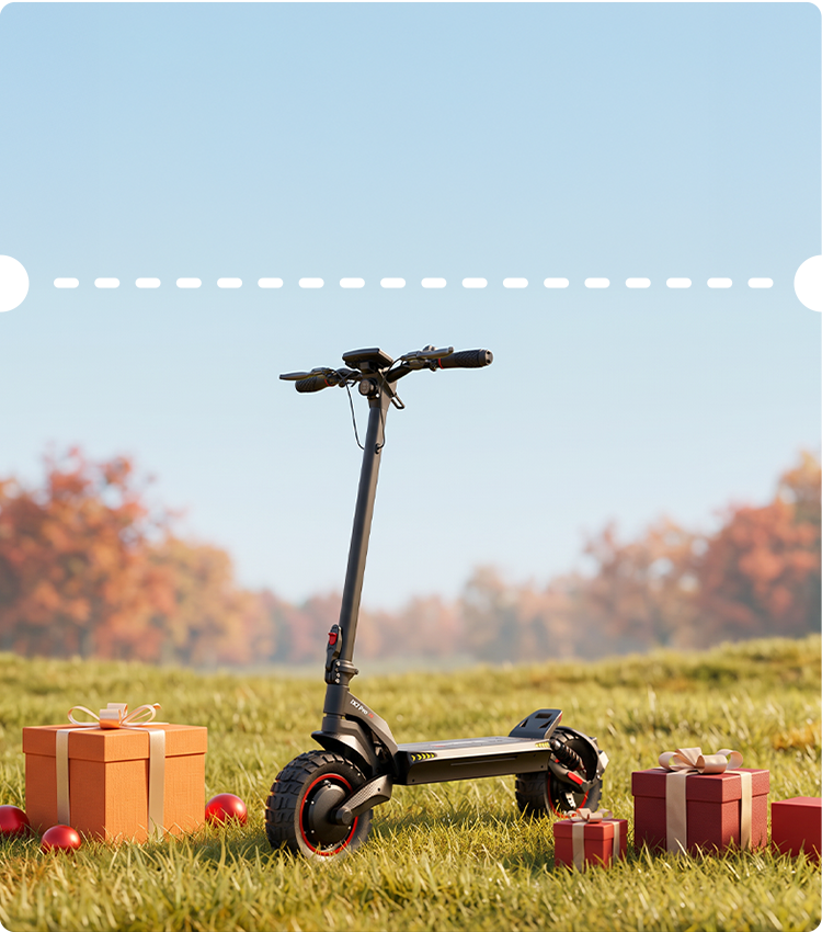 Picturesque outdoor setting featuring a black iScooter iX7 Pro electric scooter parked on a grassy field with holiday gift boxes against a clear sky and autumn trees. Engineered for off-road performance, this high-powered e-scooter showcases deep-tread pneumatic tires, dual suspension springs, side LED illumination strips, and a reinforced deck to handle rugged outdoor terrain with ease.