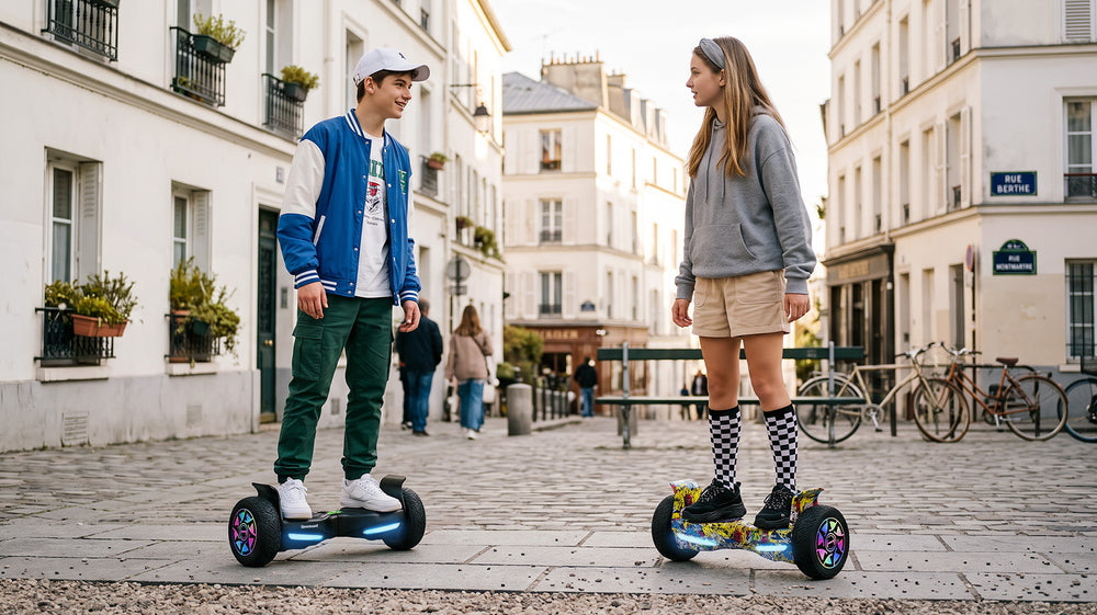 Vibrant lifestyle photo of two teenagers riding self-balancing hoverboards on a cobblestone European street, with the boy on a black iHoverboard H8 Max featuring glowing LED wheel rims and under-deck lighting. Engineered for all-terrain fun and urban riding, this sturdy hoverboard features wide treaded tires, responsive footpads, and built-in balance assist for a smooth, confident ride.