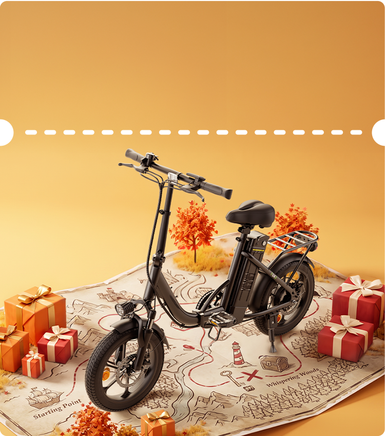 Commercial display showcasing a matte black iScooter U4 electric bicycle resting on a treasure map carpet surrounded by holiday gift presents. Outfitted with a sturdy rear cargo rack, front LED headlight, front suspension fork, and a removable battery pack, this versatile e-bike provides exceptional utility, smooth commuting, and effortless cargo transport.