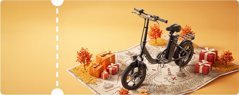 High-angle product showcase of a sleek black iScooter U4 electric bicycle positioned over an illustrated adventure map alongside festive holiday gift boxes. Outfitted with a high-capacity rear battery, plush cushioned seat, sturdy rear storage rack, and front suspension system, this reliable e-bike combines practical utility with long-distance comfort for daily city rides.